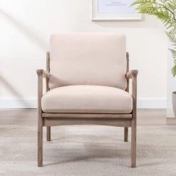 Tan Linen Wood Frame Armchair by Wateday -Wateday Sales Store beige wateday accent chairs yj pp284301aat 1f 1000