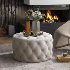 Beige Button Tufted Velvet Round Ottoman by Wateday -Wateday Sales Store beige wateday ottomans yj yuki9596015 31 1000
