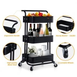Black 3-Tier Utility Cart with Wheels and Handle by Wateday 7 Black 3-Tier Utility Cart with Wheels and Handle by Wateday -Wateday Sales Store black wateday bar carts yj yuki9596102 4f 1000