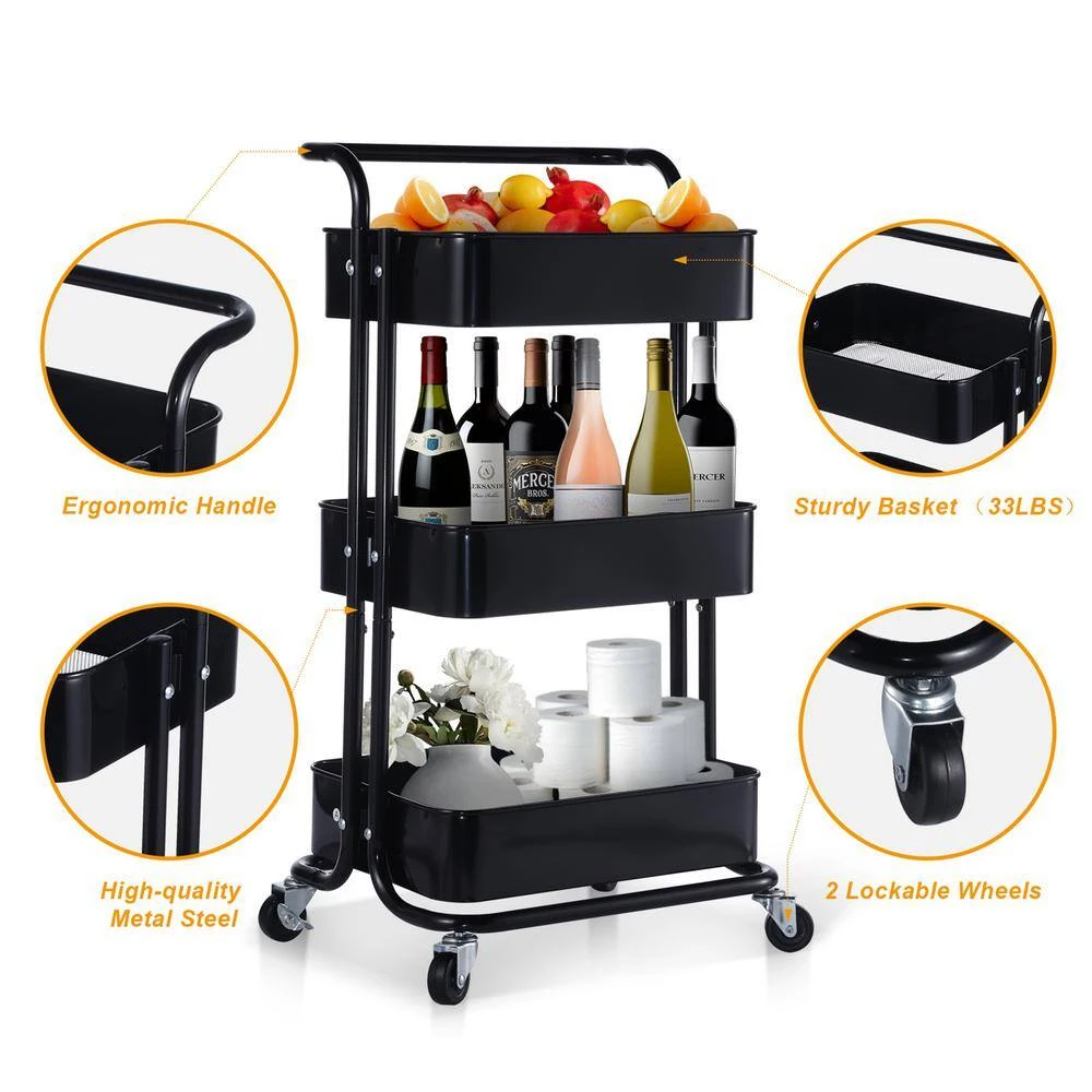 Black 3-Tier Utility Cart with Wheels and Handle by Wateday 3 Black 3-Tier Utility Cart with Wheels and Handle by Wateday - Image 3