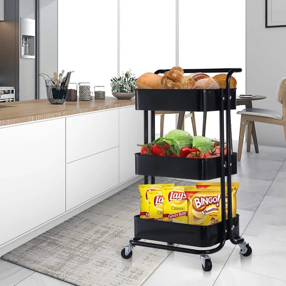 Black 3-Tier Utility Cart with Wheels and Handle by Wateday 1 Black 3-Tier Utility Cart with Wheels and Handle by Wateday