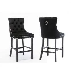 41.00" Black Tufted Back Wooden Frame 27.2" Bar Stool with Velvet Seat, Set of 2 by Wateday
