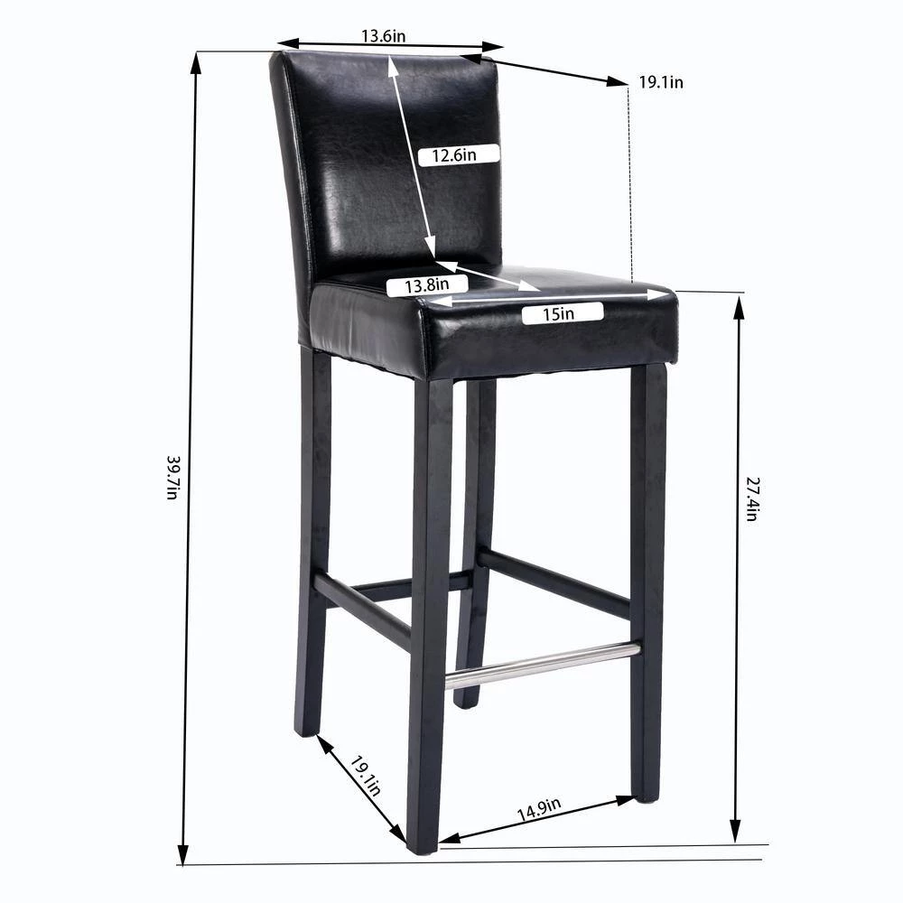 40 in. Black Low Back Wood Frame Stool Height 27.4 in. Bar Stool with PU Leather Seat (Set of 2) by Wateday 5 40 in. Black Low Back Wood Frame Stool Height 27.4 in. Bar Stool with PU Leather Seat (Set of 2) by Wateday - Image 5