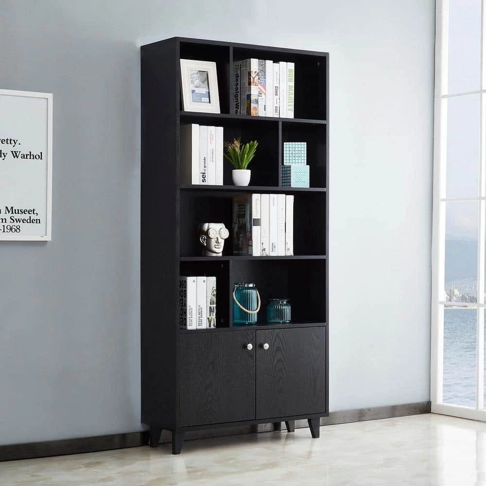 68 in. H Black Wood 4-Shelf Bookcase with 2 Doors by Wateday 4 68 in. H Black Wood 4-Shelf Bookcase with 2 Doors by Wateday - Image 4