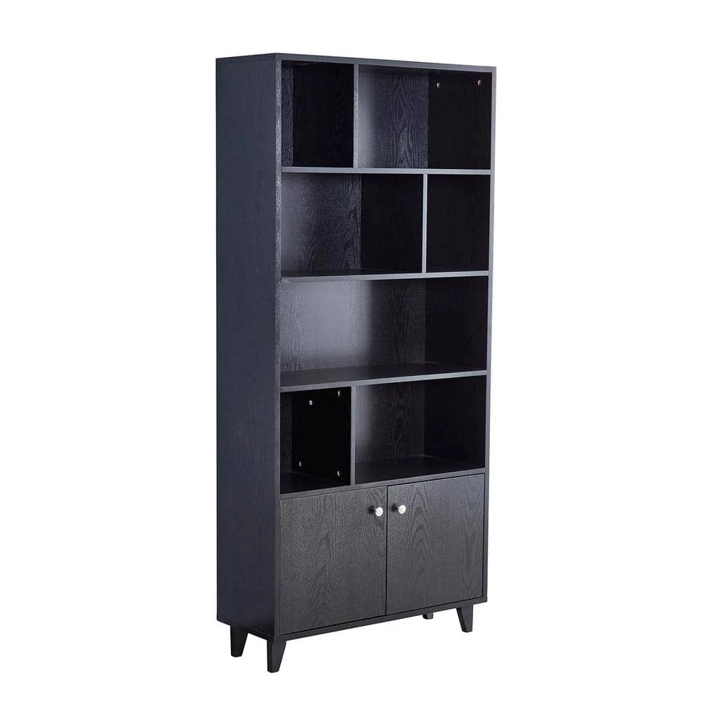 68 in. H Black Wood 4-Shelf Bookcase with 2 Doors by Wateday 1 68 in. H Black Wood 4-Shelf Bookcase with 2 Doors by Wateday