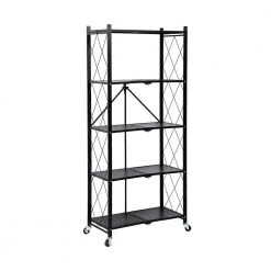 63.78 in. Black Iron 5 Shelf Foldable Bookcase with Wheels by Wateday