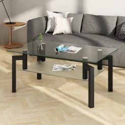 39. 1 in. Black Rectangle Glass Coffee Table with 2-Layers by Wateday -Wateday Sales Store black wateday coffee tables yj yuki9595694 31 1000