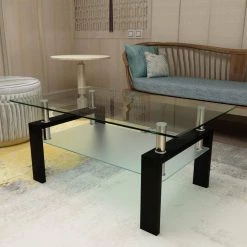 39.37 in. Black Rectangle Glass Coffee Table with Shelf by Wateday -Wateday Sales Store black wateday coffee tables yj yuki9595695 31 1000