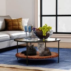33.4 in. Black Round Glass Coffee Table with Pet Mat by Wateday -Wateday Sales Store black wateday coffee tables yj yuki9595701 31 1000