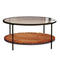 33.4 in. Black Round Glass Coffee Table with Pet Mat by Wateday