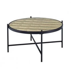 35 in. L Black Round Glass Coffee Table with Metal Frame by Wateday