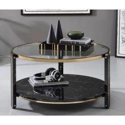 33 in. L Black Round Glass Coffee Table with Shelf by Wateday -Wateday Sales Store black wateday coffee tables yj yuki9595709 31 1000
