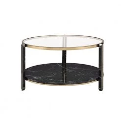 33 in. L Black Round Glass Coffee Table with Shelf by Wateday