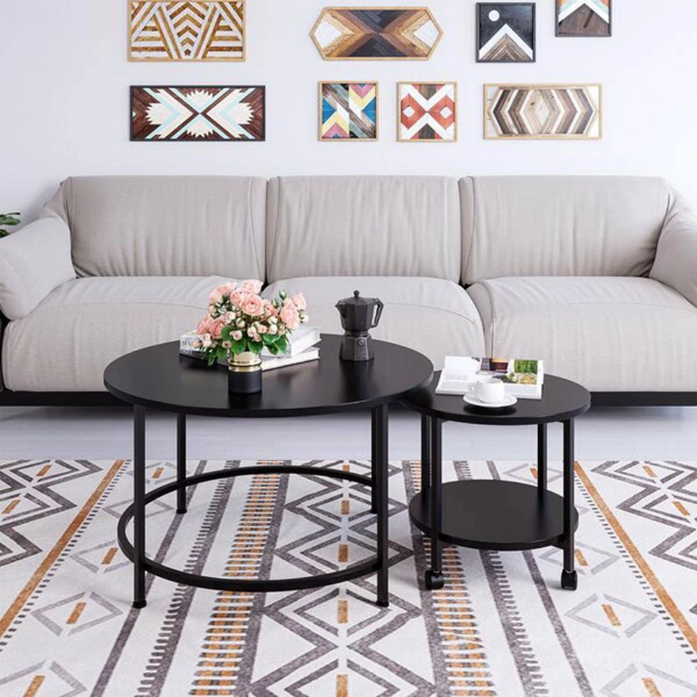 31.50 in. Black Small Round Wood Coffee Table 2-Pieces by Wateday 3 31.50 in. Black Small Round Wood Coffee Table 2-Pieces by Wateday - Image 3