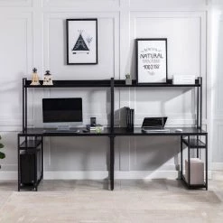 23.50 in. Rectangular Black Wood Double Workstation Computer Desk with Storage Shelves by Wateday -Wateday Sales Store black wateday computer desks yj yuki9595798 77 1000