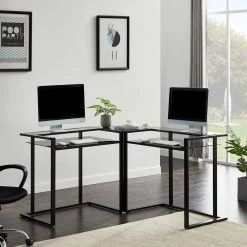 56.7 in. L-Shaped Black Glass Computer Desk with Shelf by Wateday -Wateday Sales Store black wateday computer desks yj yuki9595802 31 1000