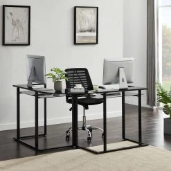 56.7 in. L-Shaped Black Glass Computer Desk with Shelf by Wateday -Wateday Sales Store black wateday computer desks yj yuki9595802 c3 1000