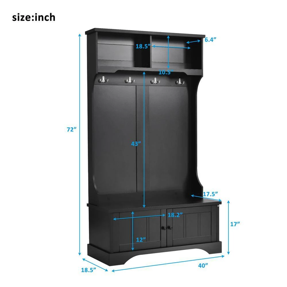 Black Hall Tree Entryway Bench, 72 in. H x 18.5 in. W x 40 in. L by Wateday 6 Black Hall Tree Entryway Bench, 72 in. H x 18.5 in. W x 40 in. L by Wateday - Image 6