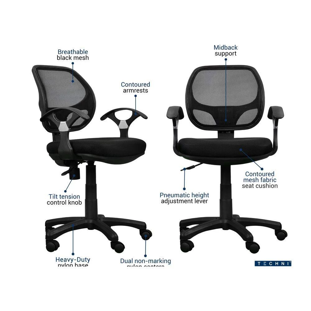Black Fabric Mid Back Mesh Office Chair with Arms by Wateday 5 Black Fabric Mid Back Mesh Office Chair with Arms by Wateday - Image 5
