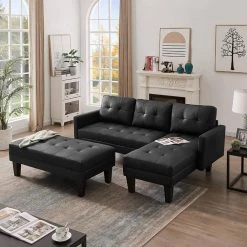 80.71 in W Square Arm 3-piece L Shaped Faux Leather Sectional Sofa in Black with Ottoman Bench by Wateday -Wateday Sales Store black wateday sectional sofas yj yuki9596898 31 1000