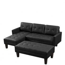 80.71 in W Square Arm 3-piece L Shaped Faux Leather Sectional Sofa in Black with Ottoman Bench by Wateday