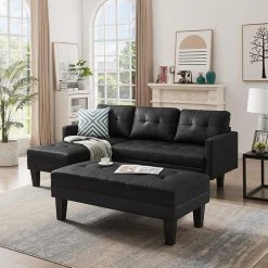80.71 in W Square Arm 3-piece L Shaped Faux Leather Sectional Sofa in Black with Ottoman Bench by Wateday -Wateday Sales Store black wateday sectional sofas yj yuki9596898 c3 1000