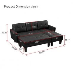80.71 in W Square Arm 3-piece L Shaped Faux Leather Sectional Sofa in Black with Ottoman Bench by Wateday -Wateday Sales Store black wateday sectional sofas yj yuki9596898 fa 1000