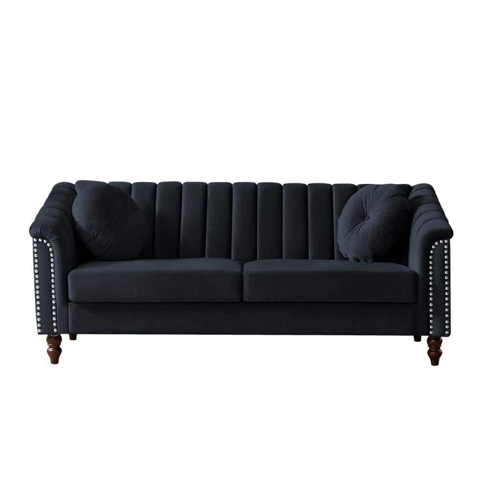 75.20 in. W Rolled Arm Velvet Modern Style Straight Sofa in Black by Wateday 1 75.20 in. W Rolled Arm Velvet Modern Style Straight Sofa in Black by Wateday
