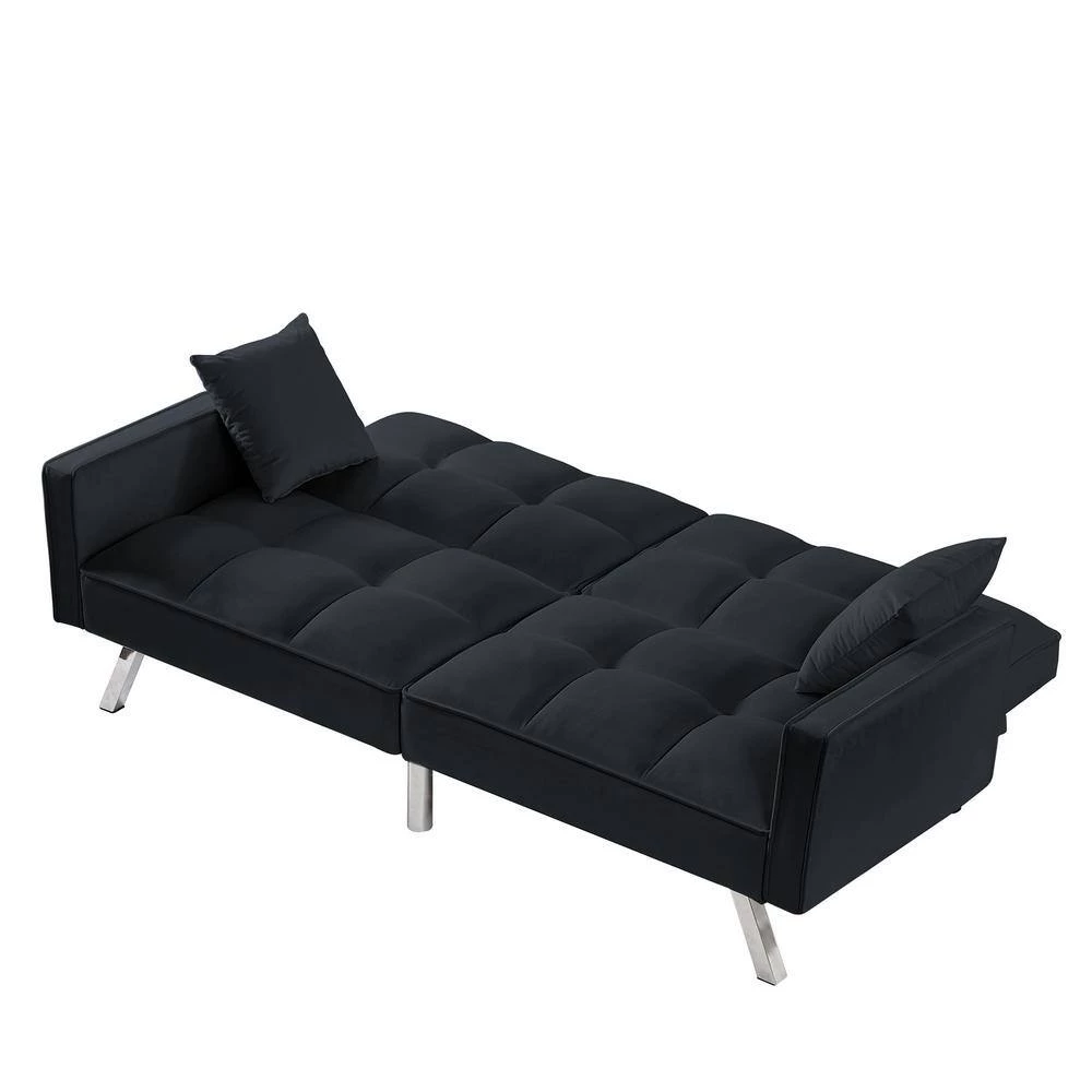 74.40 in. W Square Arm Velvet Straight Convertible Sofa Bed in Black by Wateday 4 74.40 in. W Square Arm Velvet Straight Convertible Sofa Bed in Black by Wateday - Image 4
