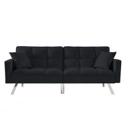 74.40 in. W Square Arm Velvet Straight Convertible Sofa Bed in Black by Wateday