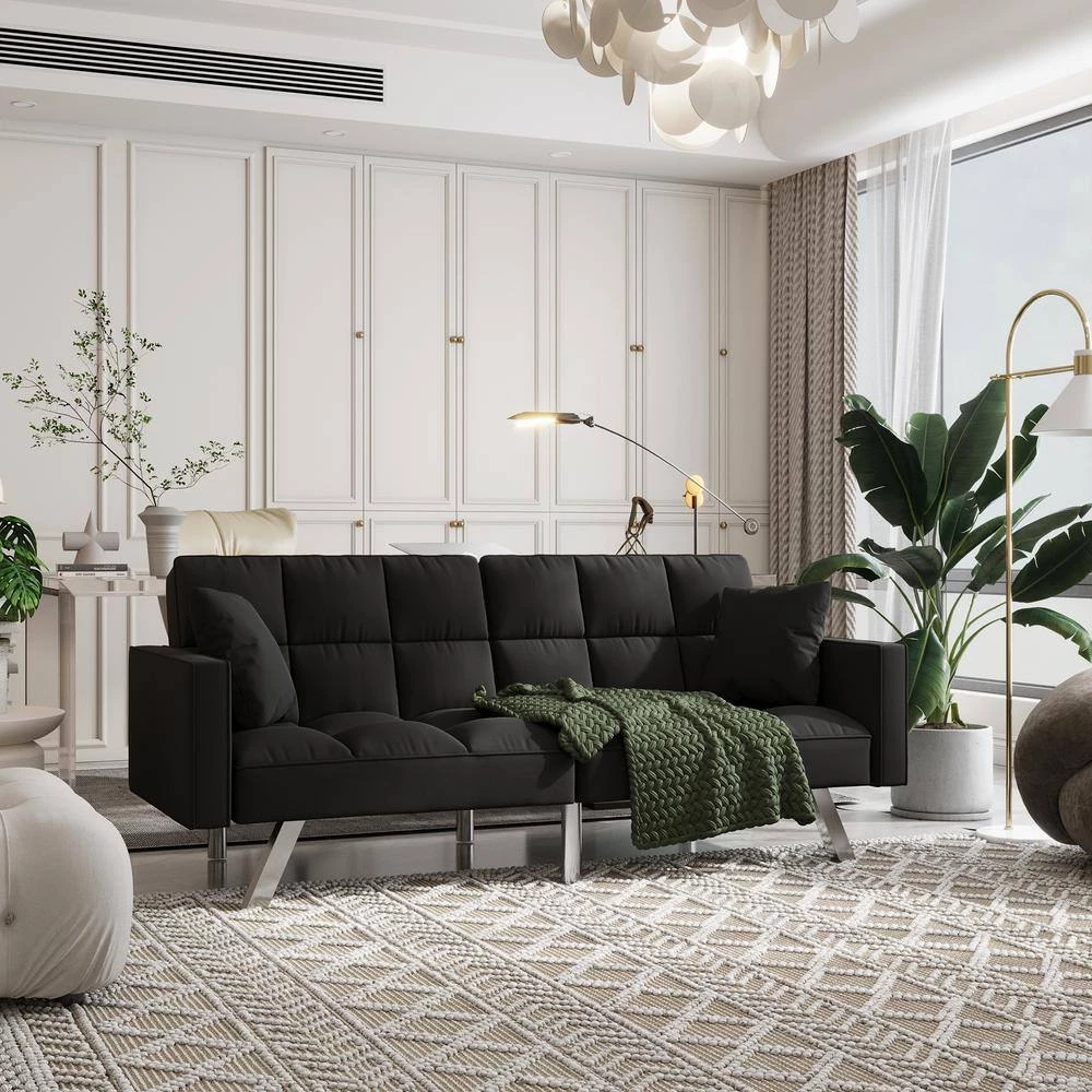 74.40 in. W Square Arm Velvet Straight Convertible Sofa Bed in Black by Wateday 3 74.40 in. W Square Arm Velvet Straight Convertible Sofa Bed in Black by Wateday - Image 3