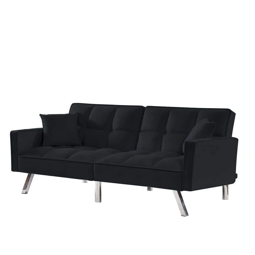 74.40 in. W Square Arm Velvet Straight Convertible Sofa Bed in Black by Wateday 2 74.40 in. W Square Arm Velvet Straight Convertible Sofa Bed in Black by Wateday - Image 2
