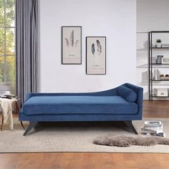 Blue Velvet Fabric Right Arm Chaise Lounge with Bolster Pillow by Wateday -Wateday Sales Store blue wateday chaise lounges yj yuki9595255 31 1000