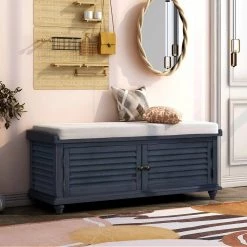 Navy Storage Bench with Removable Cushion, 19.5"H x 15.75"W x 43.4"L by Wateday -Wateday Sales Store blue wateday dining benches yj yuki9595344 31 1000