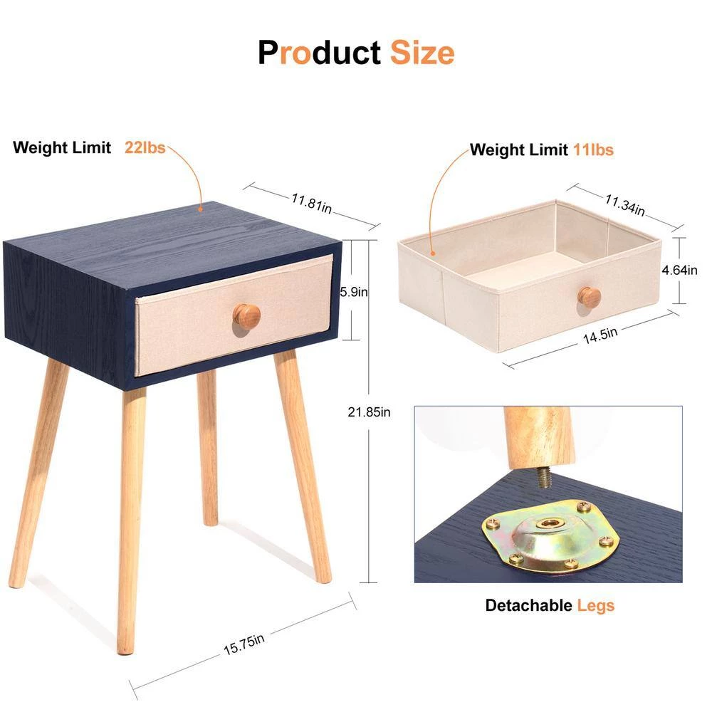 1-Drawer Blue Nightstand 21.85 in. H x 15.75 in. W x 11.81 in. D by Wateday 5 1-Drawer Blue Nightstand 21.85 in. H x 15.75 in. W x 11.81 in. D by Wateday - Image 5