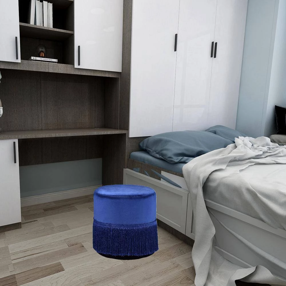 Blue Midnight Velvet Ottoman with Fringe Base by Wateday 3 Blue Midnight Velvet Ottoman with Fringe Base by Wateday - Image 3