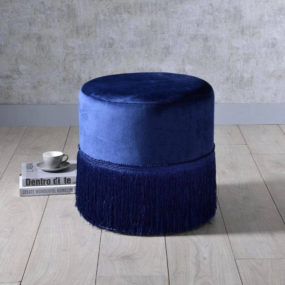 Blue Midnight Velvet Ottoman with Fringe Base by Wateday 2 Blue Midnight Velvet Ottoman with Fringe Base by Wateday - Image 2