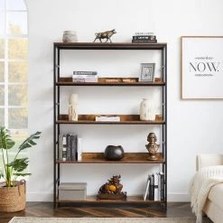 68.9 in. Brown Wood 5-Shelf Standard Bookcase with Metal Frame by Wateday -Wateday Sales Store brown wateday bookcases bookshelves yj yuki9596331 31 1000