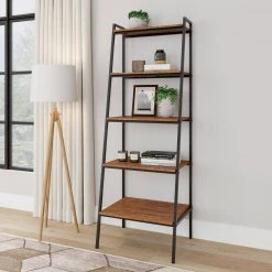 71 in. Brown Wood 5 Shelf Standard Ladder Bookcase with Metal Frame by Wateday -Wateday Sales Store brown wateday bookcases bookshelves yj yuki9596803 31 1000