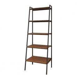 71 in. Brown Wood 5 Shelf Standard Ladder Bookcase with Metal Frame by Wateday