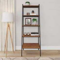 71 in. Brown Wood 5 Shelf Standard Ladder Bookcase with Metal Frame by Wateday -Wateday Sales Store brown wateday bookcases bookshelves yj yuki9596803 c3 1000