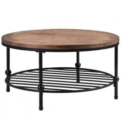 35.80" Brown Round Wood Top Coffee Table with Metal Storage Shelf by Wateday