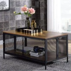 41 " Brown Rectangle Wood Coffee Table with Metal Mesh Base by Wateday -Wateday Sales Store brown wateday coffee tables yj yuki9595675 31 1000
