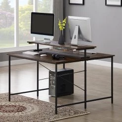 47 in. Square Brown Wood Double Workstation Computer Desk with Monitor Shelf by Wateday -Wateday Sales Store brown wateday computer desks yj yuki9595796 31 1000