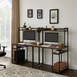 23.50 in. Rectangular Brown Wood Double Workstation Computer Desk with Storage Shelves by Wateday -Wateday Sales Store brown wateday computer desks yj yuki9595799 31 1000