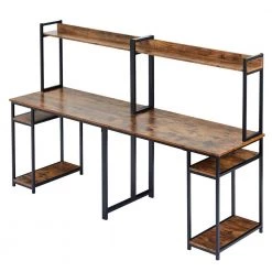 23.50 in. Rectangular Brown Wood Double Workstation Computer Desk with Storage Shelves by Wateday