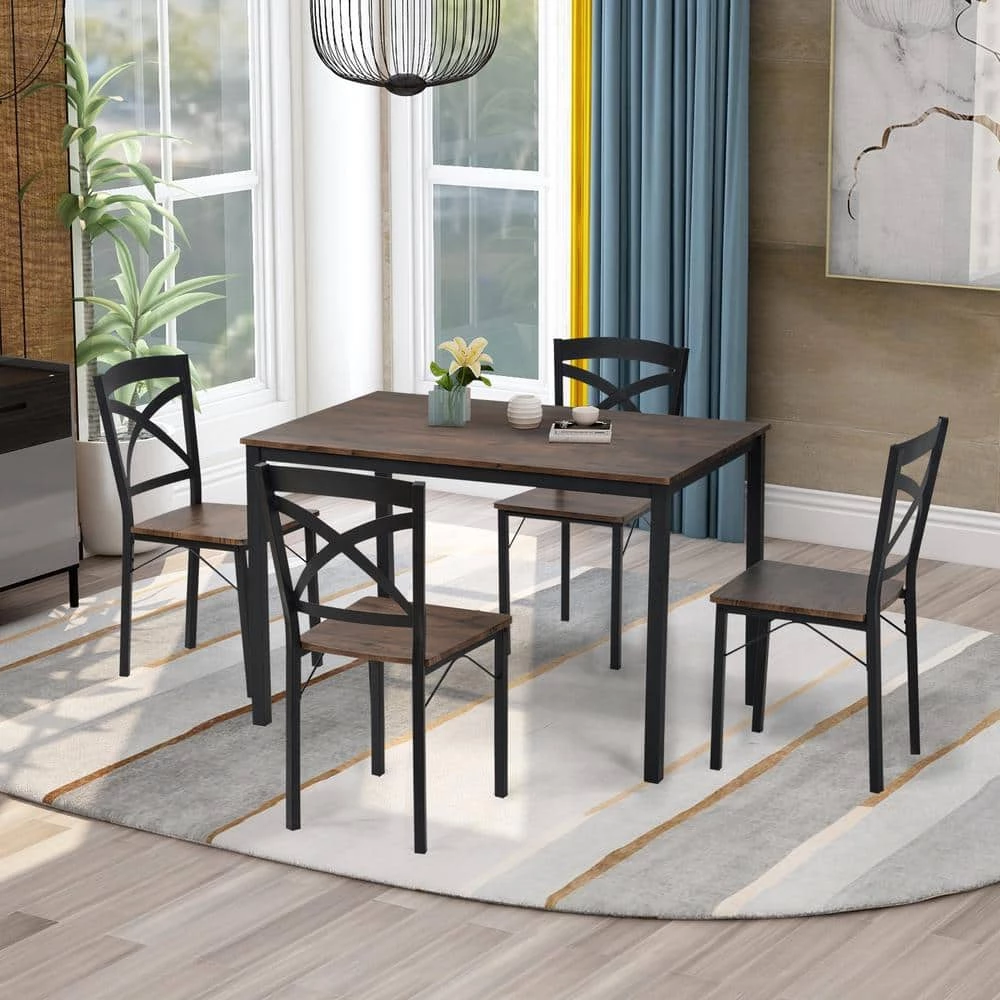 5-Piece Rectangular Wood Top Brown Dining Table Set by Wateday 2 5-Piece Rectangular Wood Top Brown Dining Table Set by Wateday - Image 2