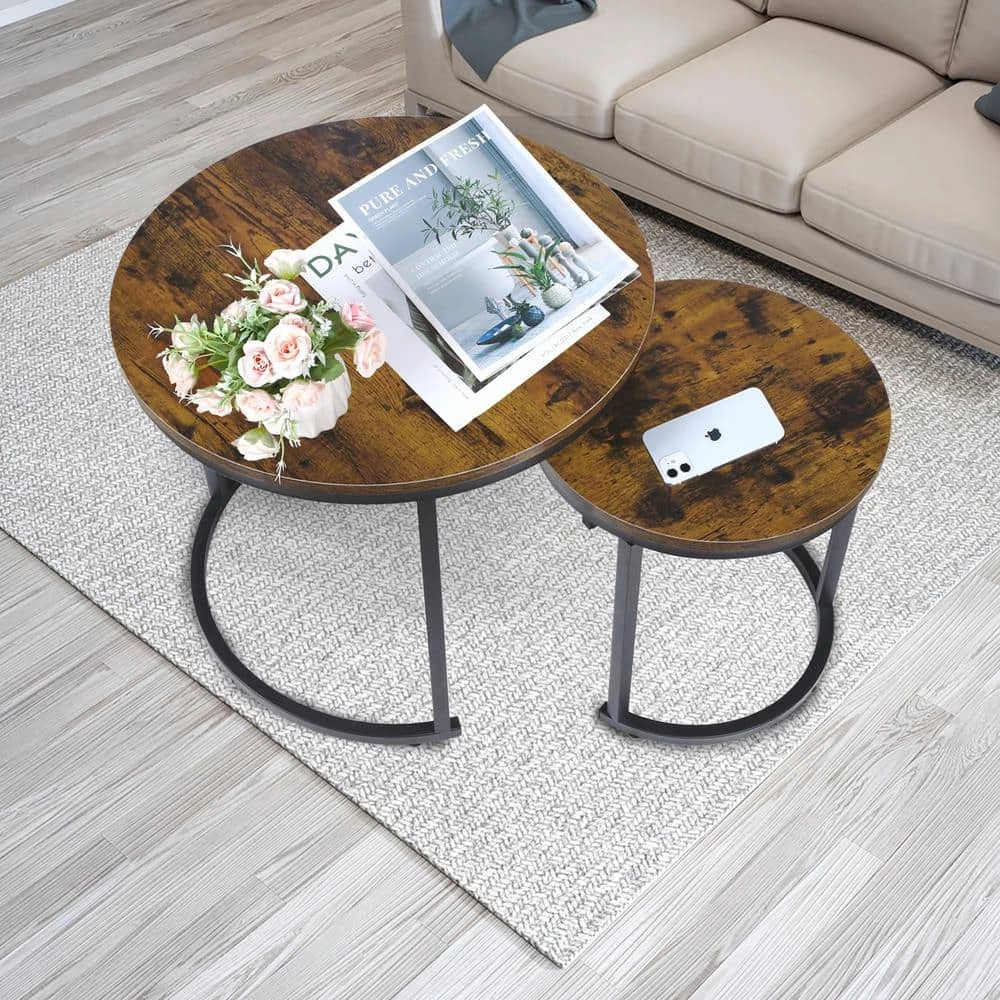 26.62 in. Brown Small Round Wood Nest Coffee Table with 2 Pieces by Wateday 3 26.62 in. Brown Small Round Wood Nest Coffee Table with 2 Pieces by Wateday - Image 3