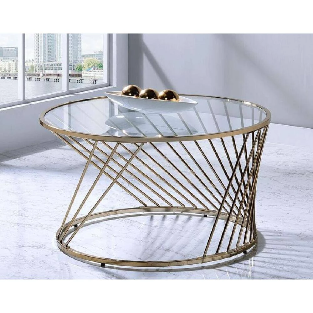 32 in. L Champagne Round Glass Coffee Table with Metal Frame by Wateday 4 32 in. L Champagne Round Glass Coffee Table with Metal Frame by Wateday - Image 4