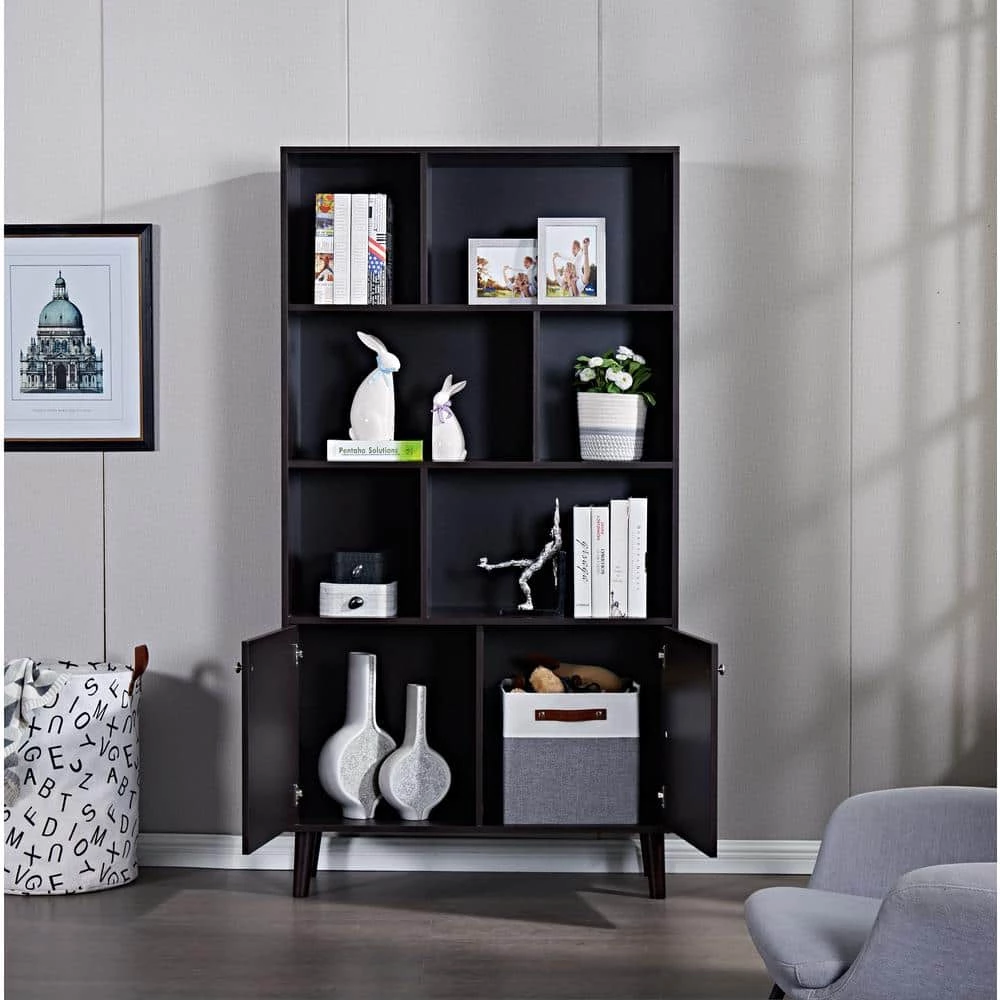 67.32 in. Coffee Wood 6-Shelf Standard Bookcase with Doors by Wateday 3 67.32 in. Coffee Wood 6-Shelf Standard Bookcase with Doors by Wateday - Image 3